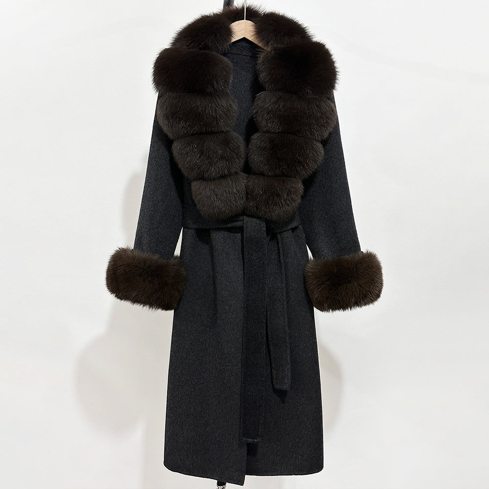 OFTBUY Fashion Warm Woolen Jacket with Real Fox Fur Collar and Cuffs New Autumn Winter Wool Clothing Women Long Belt Outerwear