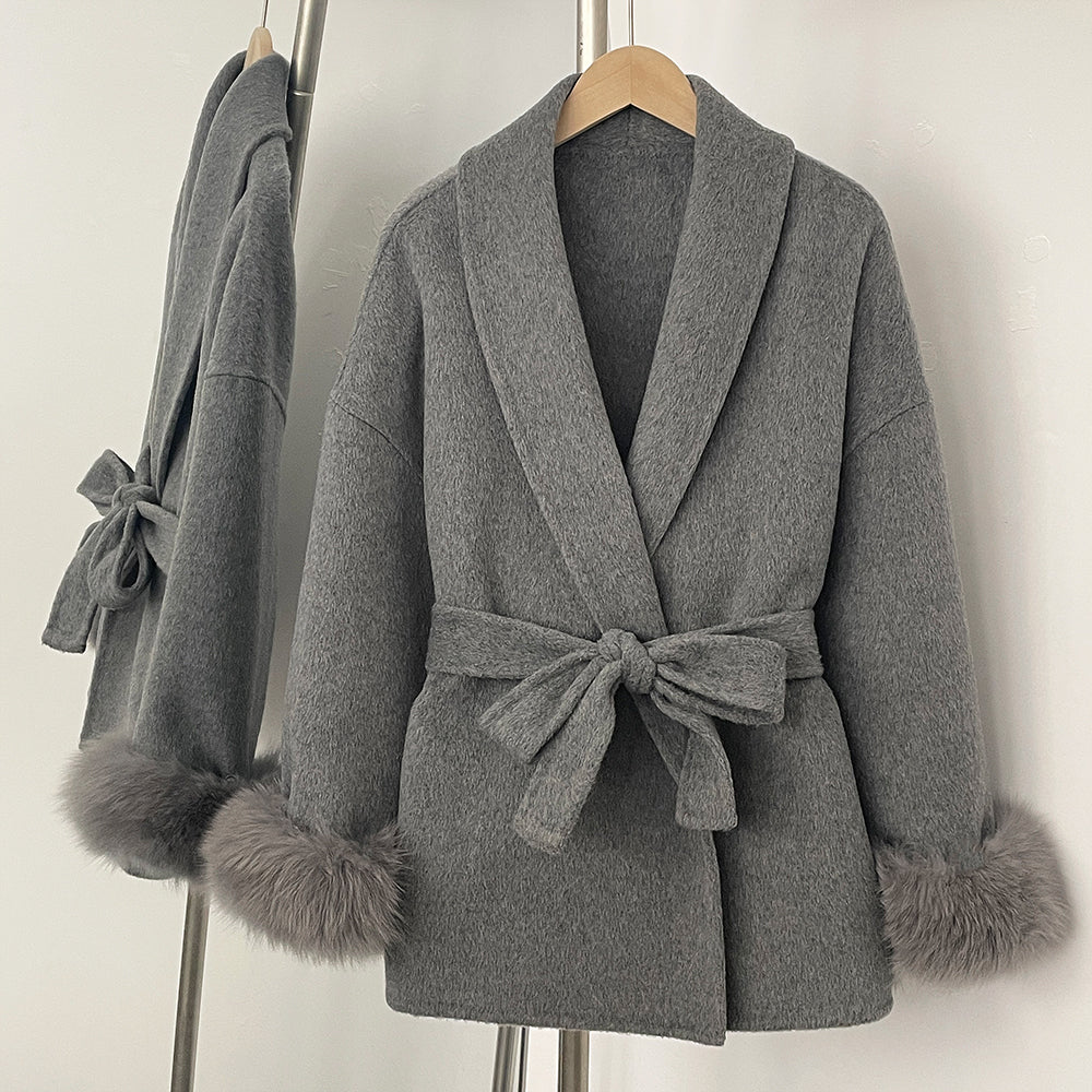OFTBUY 100% Wool Wrap Belted Short Coat - Wide Shawl Lapel Real Fox Fur Cuff Luxury Double Sided Wool Jacket