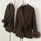 OFTBUY 100% Wool Wrap Belted Short Coat - Wide Shawl Lapel Real Fox Fur Cuff Luxury Double Sided Wool Jacket