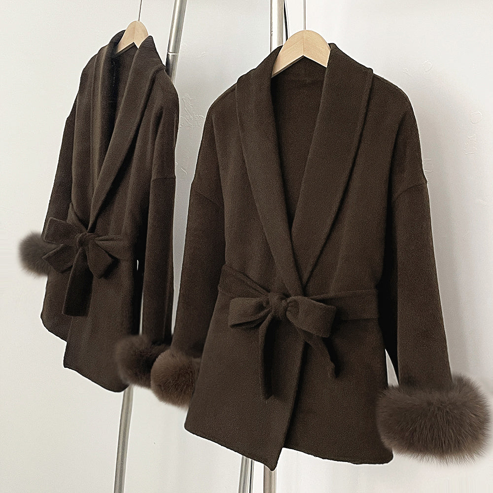 OFTBUY 100% Wool Wrap Belted Short Coat - Wide Shawl Lapel Real Fox Fur Cuff Luxury Double Sided Wool Jacket