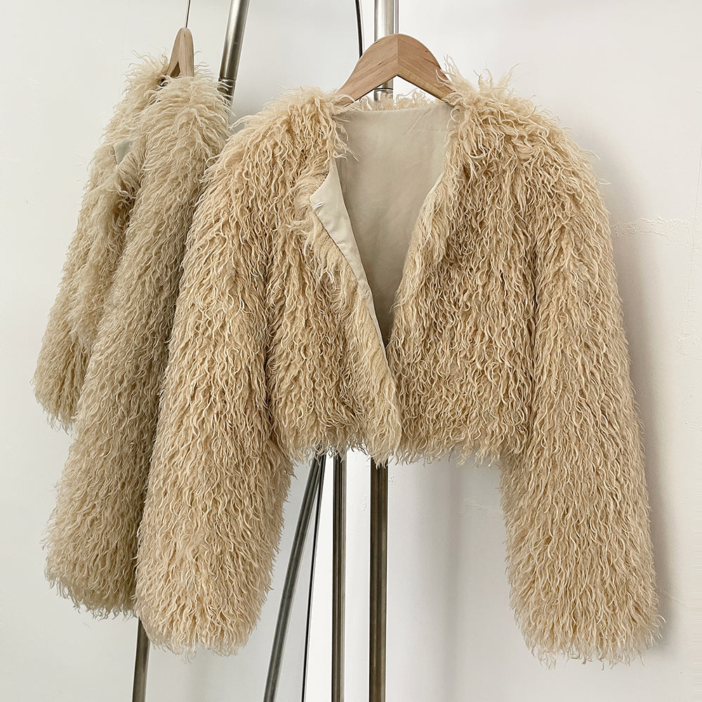 OFTBUY Faux Fur Coat for Women Fur Fluffy Autumn Short Fur Coat Eco-friendly Warm Female New Winter Jacket Long Sleeves O-neck