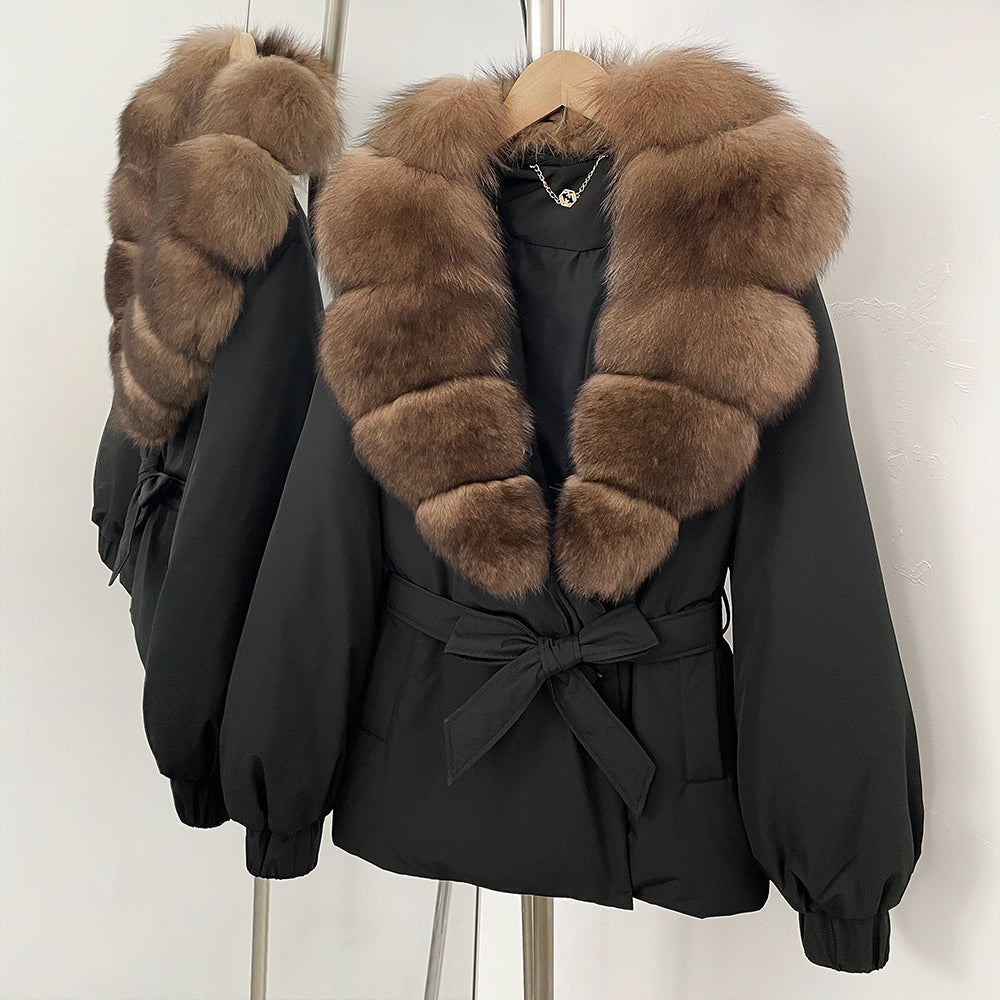 OFTBUY Winter Warm Women Real duck Down Jackets Natural Real Fox Fur Collar Puffer Jackets Belt Female Outwear Coats Hot Sale