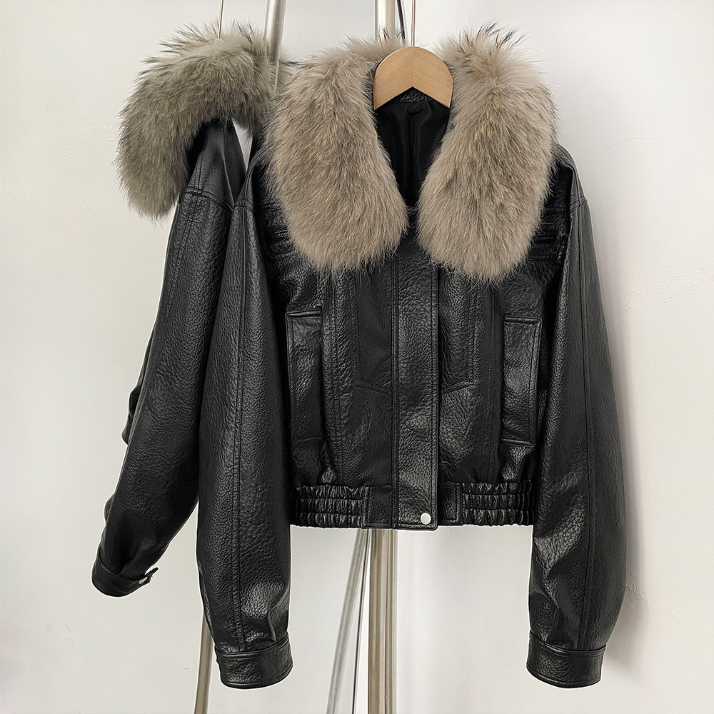 OFTBUY Women's Faux Leather Bomber Jacket with Real Fox Fur Collar PU Leather Cropped Aviator Coat Female New Winter Outerwear