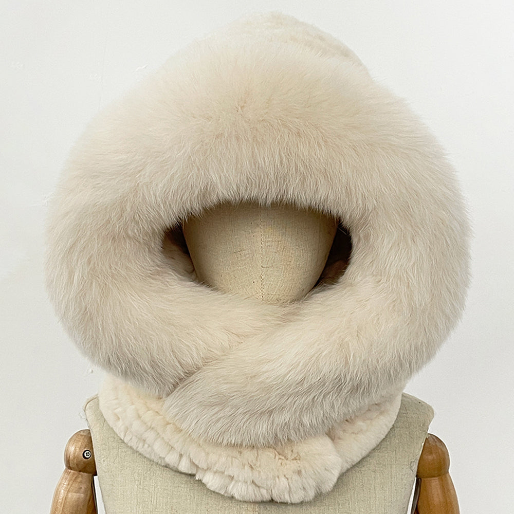 OFTBUY New Winter Thick Warm Windproof Fluffy Neckerchief Female Natural Rabbit Fur Hat with Scarf Women Real Fox Fur Cap Child
