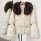 OFTBUY New Winter Loose Top Clothes Women Real Fox Fur Fluffy Puffer Jacket Female Lantern Sleeves Natural Fur Collar Down Coat
