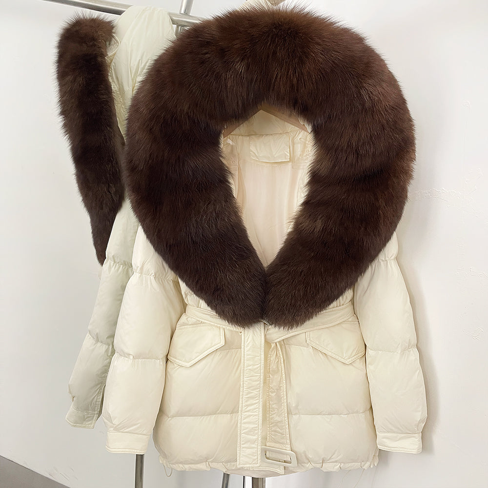 OFTBUY Thick Warm Mid-Long Puffer Coat Real Fox Fur Collar White Duck Down Coat Female Loose Warm Hooded Parkas With Belt