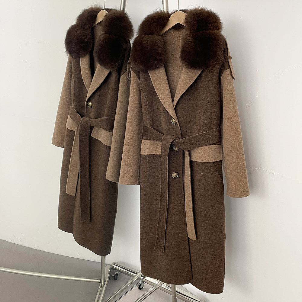 OFTBUT New Autumn Winter Clothing Women Long Single-breasted Belt Wool Coat Female Natural Fox Fur Cashmere Woolen Jacket