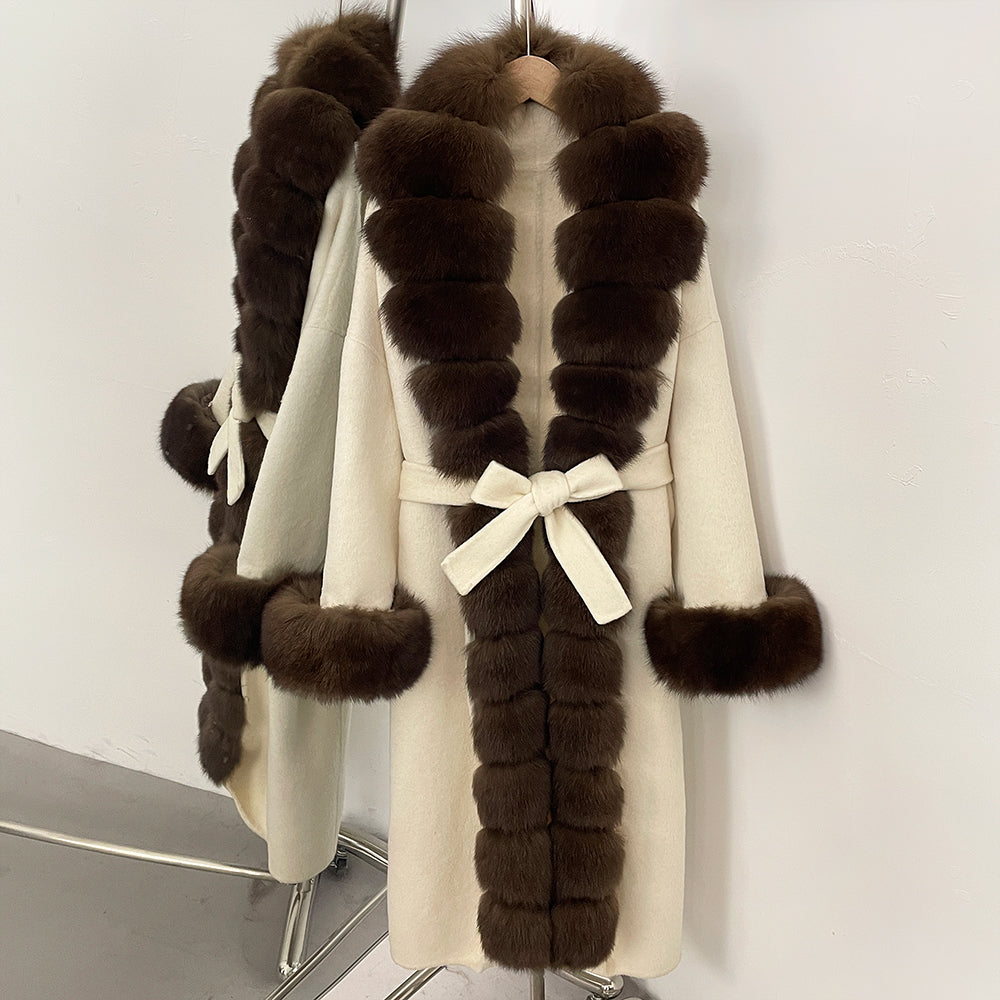OFTBUY Long Big Fox Fur Pinnacle 100% Wool Coat Female New Autumn Winter Clothes Women Belt Natural Fur Collar Woolen Jacket