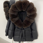 OFTBUY Thick Warm Mid-Long Puffer Coat Real Fox Fur Collar White Duck Down Coat Female Loose Warm Hooded Parkas With Belt