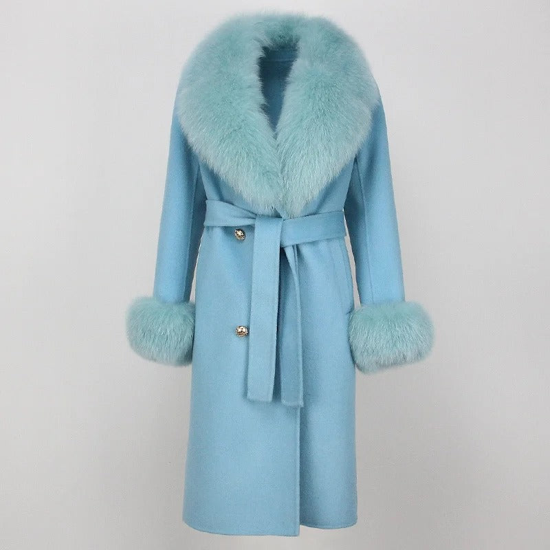 OFTBUY Winter Jacket Women Long Natural Wool Blends Cashmere Real Fur Coat Double Breasted Belt Warm Streetwear New Fashion