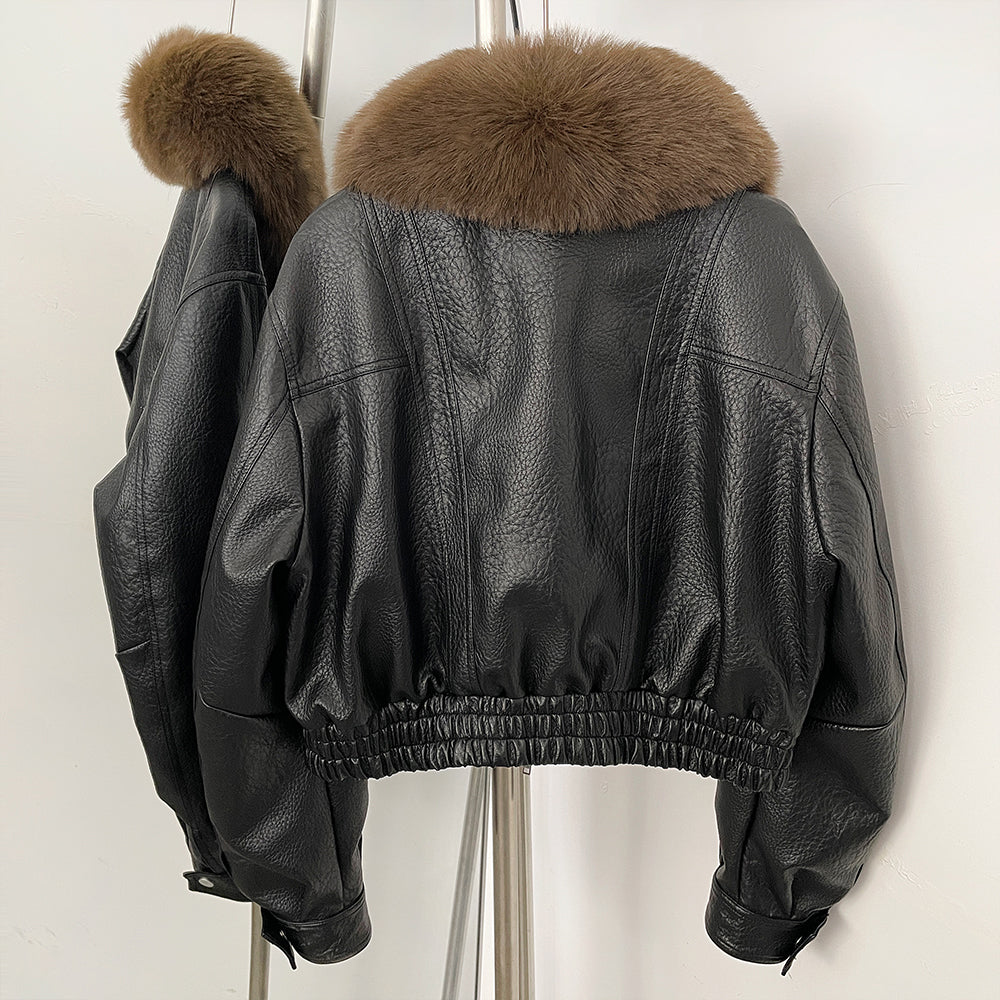 OFTBUY New Spring Autumn Short Top Clothes Women Fashion Pu Leather Jacket with Faux Fur Collar Biker Fake Leather Coat Female