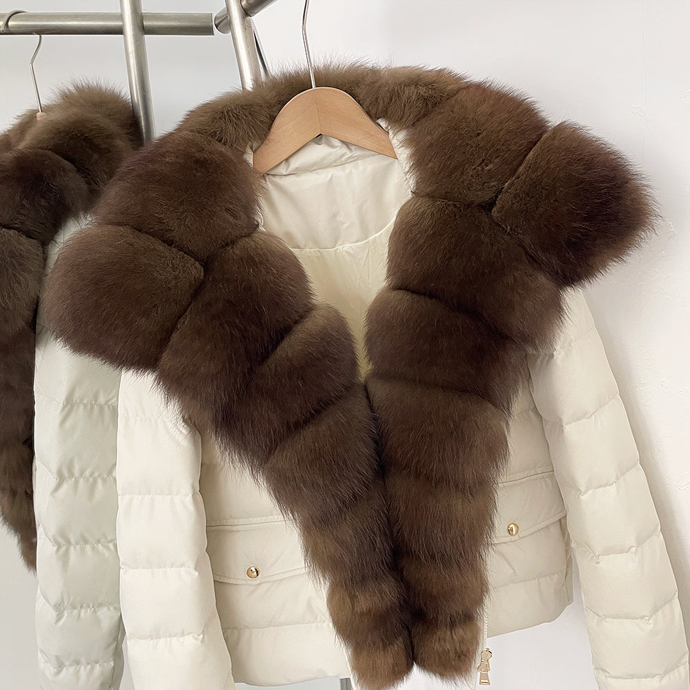 OFTBUY Real Fox Fur Collar Drawstring Waist Duck Down Puffer Coat New Women's Short Down Jacket Winter Luxury Outerwear