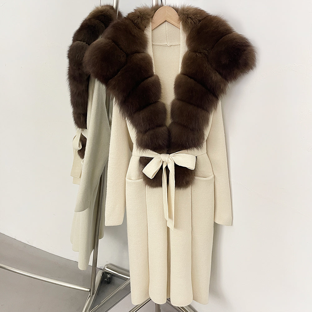 OFTBUY New Natural Fur Collar Long Knit Jacket Women Atrumn Winter Top Clothing Female Fashion Warm Belt Real Fox Fur Cardigan