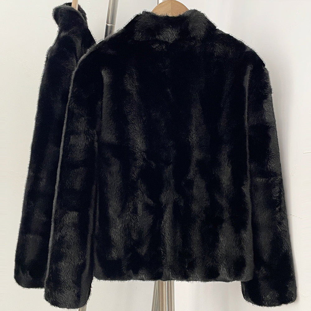 Back view of minimalist black vegan faux mink cropped coat