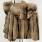 OFTBUY Luxury Hooded Faux Fur Jacket - Premium Vegan Silver Fox Style Cropped Winter Coat
