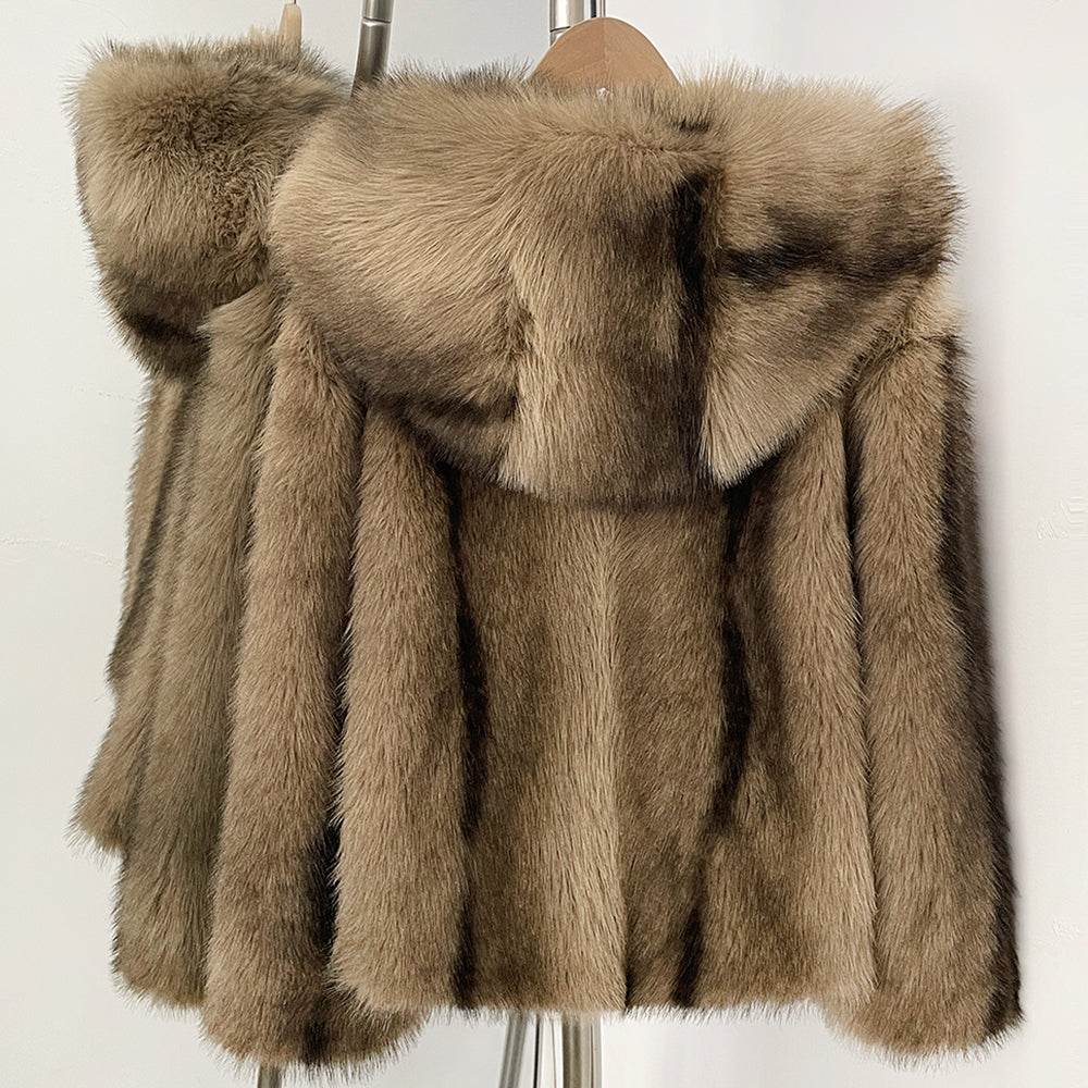 OFTBUY Luxury Hooded Faux Fur Jacket - Premium Vegan Silver Fox Style Cropped Winter Coat