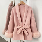 OFTBUY Belted Warm Winter Elegant Fashion Outerwear Wool Jacket Lady New Women's Double-Faced Wool Coat with Real Fox Fur Cuffs