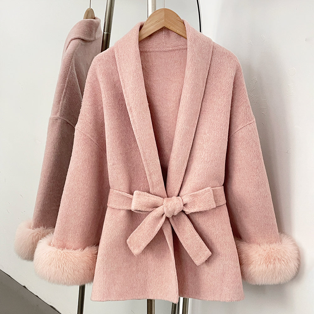 OFTBUY Belted Warm Winter Elegant Fashion Outerwear Wool Jacket Lady New Women's Double-Faced Wool Coat with Real Fox Fur Cuffs