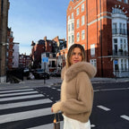 OFTBUY Luxury Knitted Zip-Up Hoodie with Oversized Real Fox Fur Hood - Premium Apres-Ski Luxe Loungewear