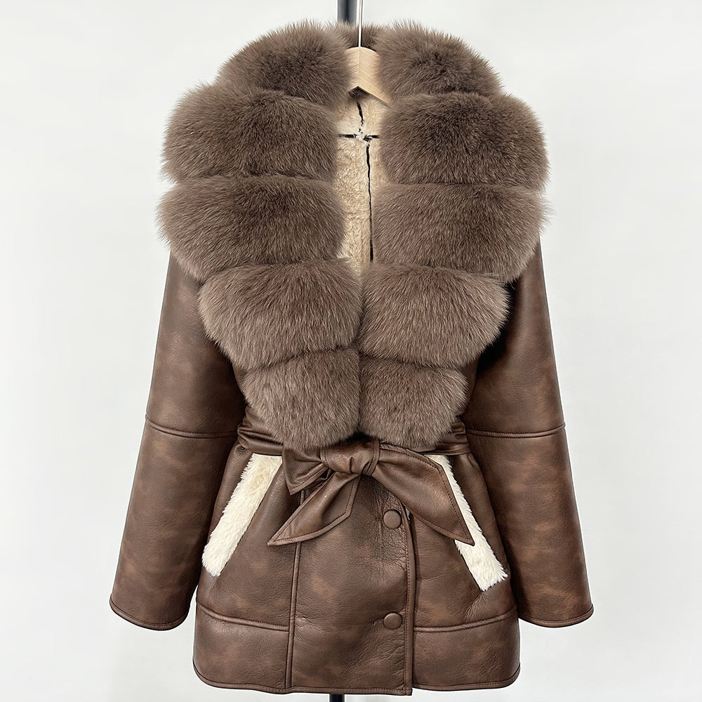 OFTBUY Large Natural Fox Fur Coat New Women Thick Warm Retro Faux Lamb Fur Jacket Belt Winter Female Parkas Outwear