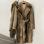 OFTBUY Luxury Long-Length Belted Faux Fur Coat - Premium Vegan Silver Fox Style Overcoat with Oversized Lapel