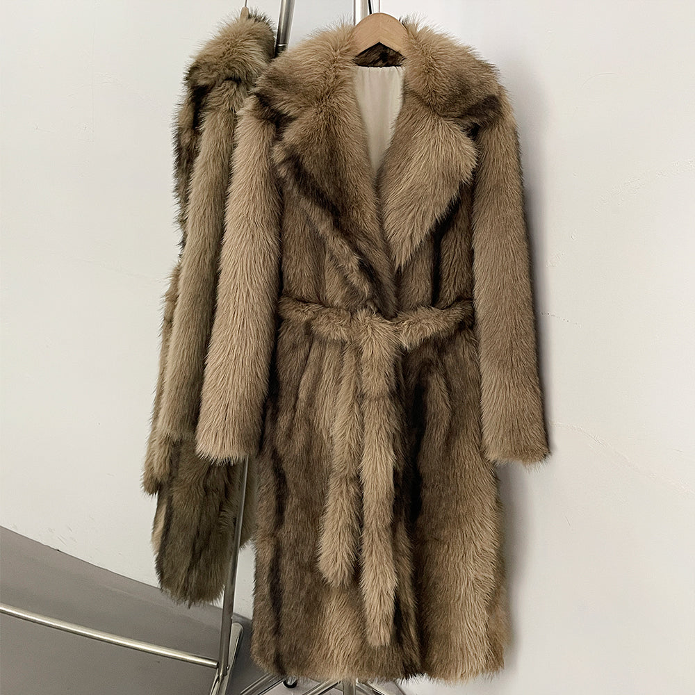 OFTBUY Luxury Long-Length Belted Faux Fur Coat - Premium Vegan Silver Fox Style Overcoat with Oversized Lapel