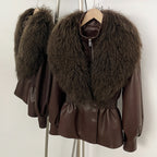 OFTBUY New Spring Autumn Faux Leather Jacket Female Real Mongolia Sheep Fur Pu Leather Coat Women Luxury Fashion Streetwear