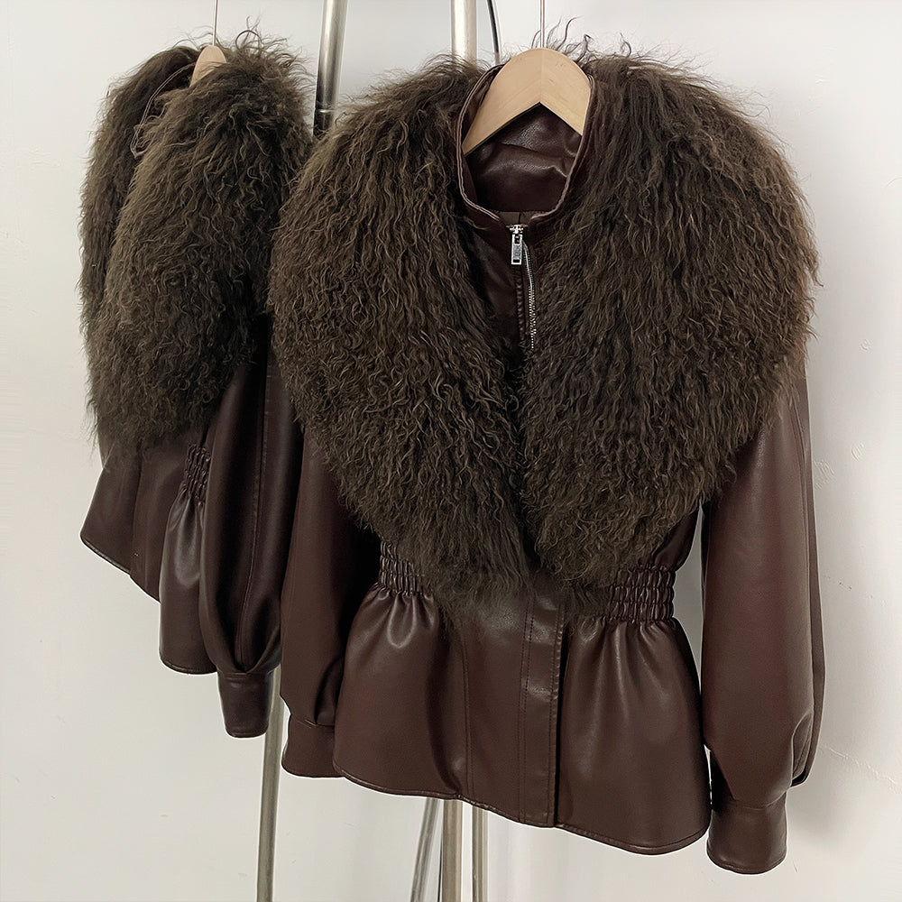 OFTBUY New Spring Autumn Faux Leather Jacket Female Real Mongolia Sheep Fur Pu Leather Coat Women Luxury Fashion Streetwear