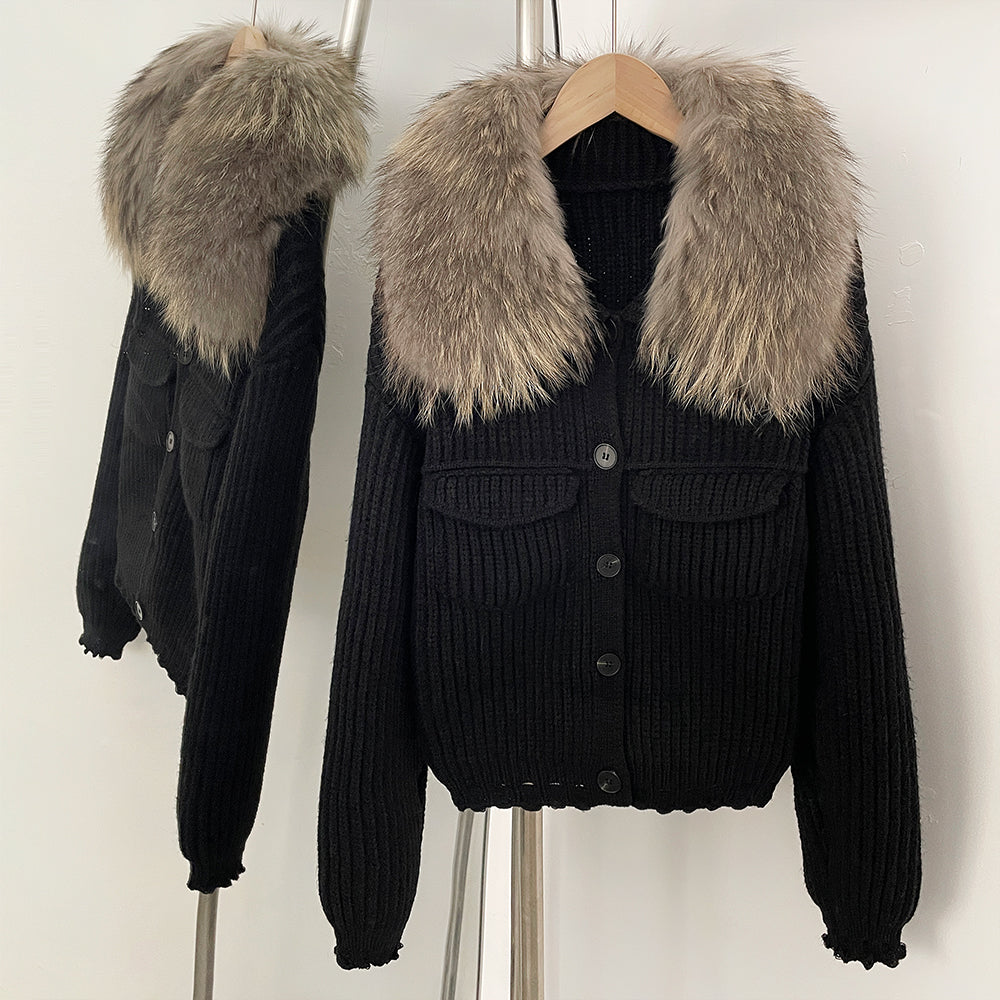 OFTBUY Short Natural Fox Fur Collar Knitted Sweater Coat FemaleReal Fur Clothing New Autumn Winter Knitting Cardigan Women