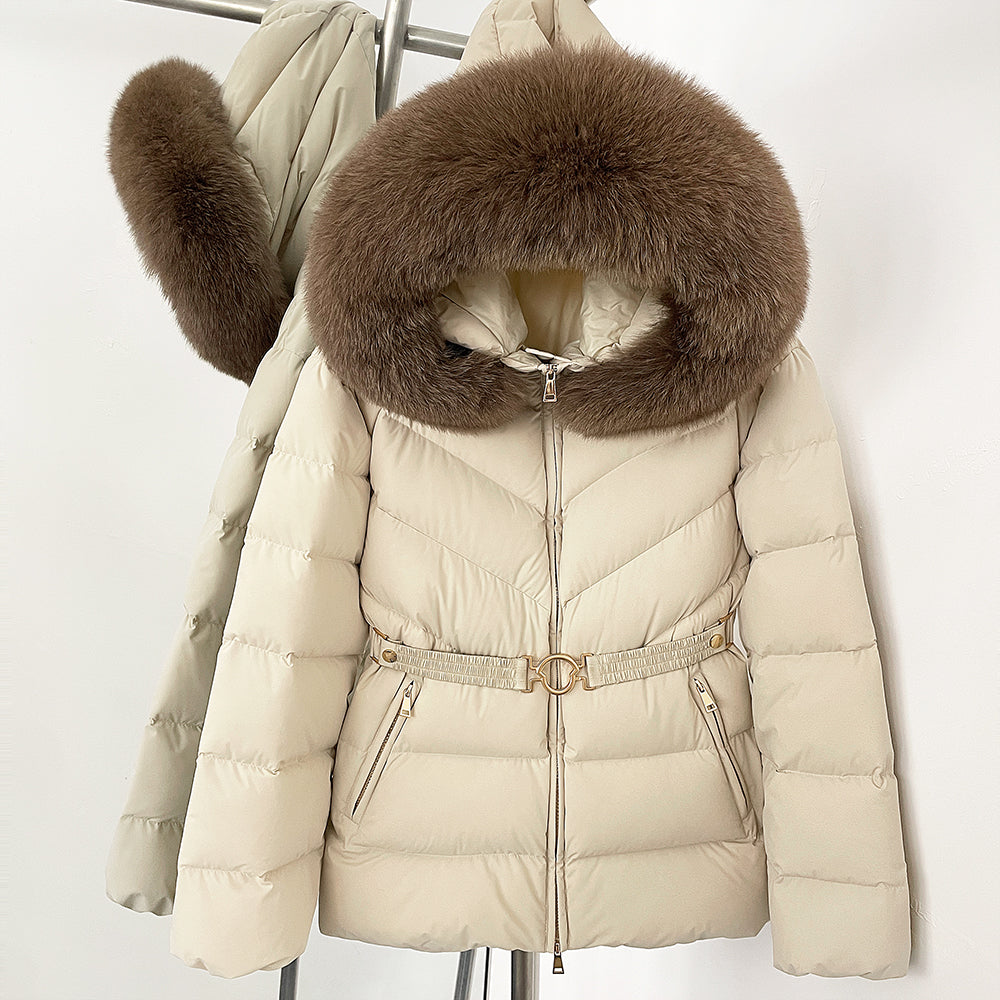 OFTBUY Belt Slim Hooded Real Fox Fur Collar Jacket Female New Winter Top Clothing Women Thickened Warm Raccoon Fur Fluffy Coat