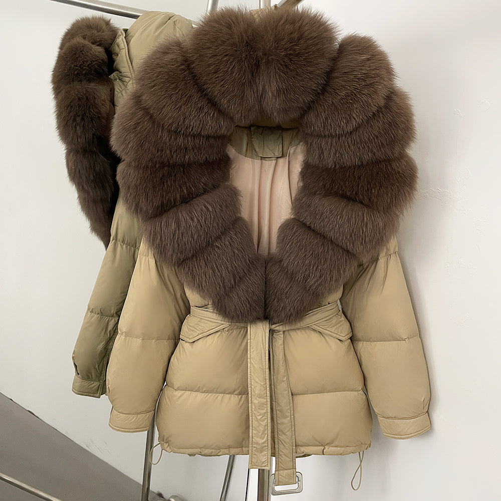 OFTBUY Thick Warm Mid-Long Puffer Coat Real Fox Fur Collar White Duck Down Coat Female Loose Warm Hooded Parkas With Belt