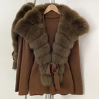 OFTBUY New Women's Knit Cardigan with Oversized Real Fox Fur Collar Belt Luxury Warm Winter Outerwear Sweater Jacket Female