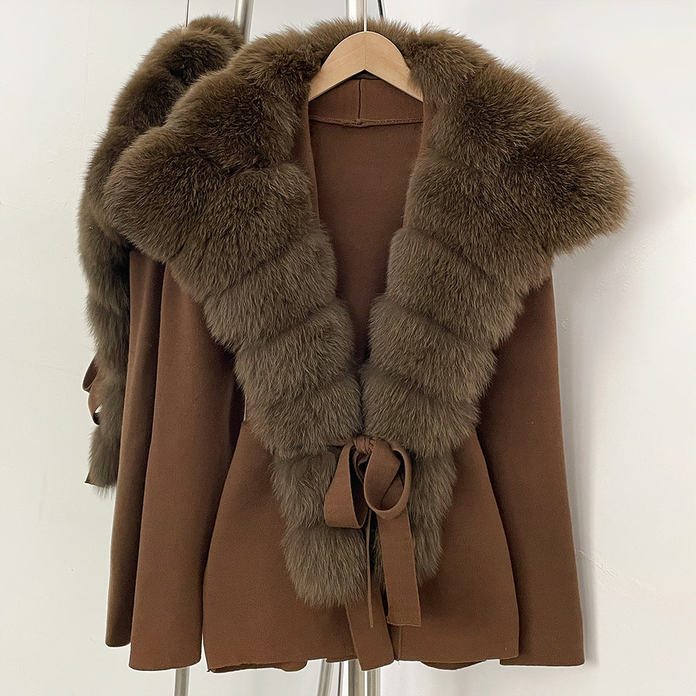 OFTBUY New Women's Knit Cardigan with Oversized Real Fox Fur Collar Belt Luxury Warm Winter Outerwear Sweater Jacket Female