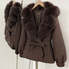 OFTBUY Winter Warm Women Real duck Down Jackets Natural Real Fox Fur Collar Puffer Jackets Belt Female Outwear Coats Hot Sale