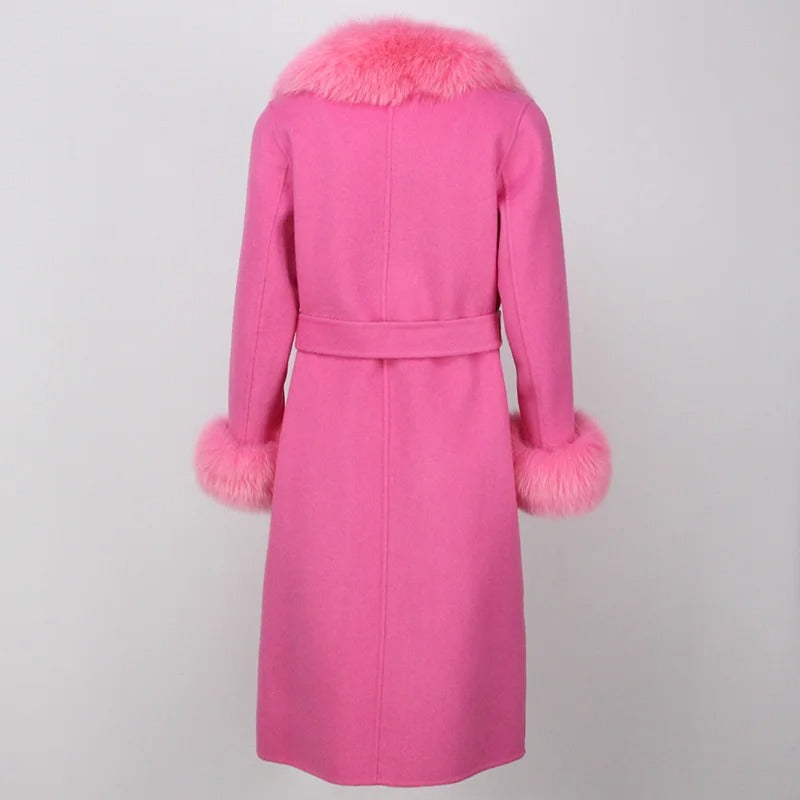 OFTBUY Winter Jacket Women Long Natural Wool Blends Cashmere Real Fur Coat Double Breasted Belt Warm Streetwear New Fashion