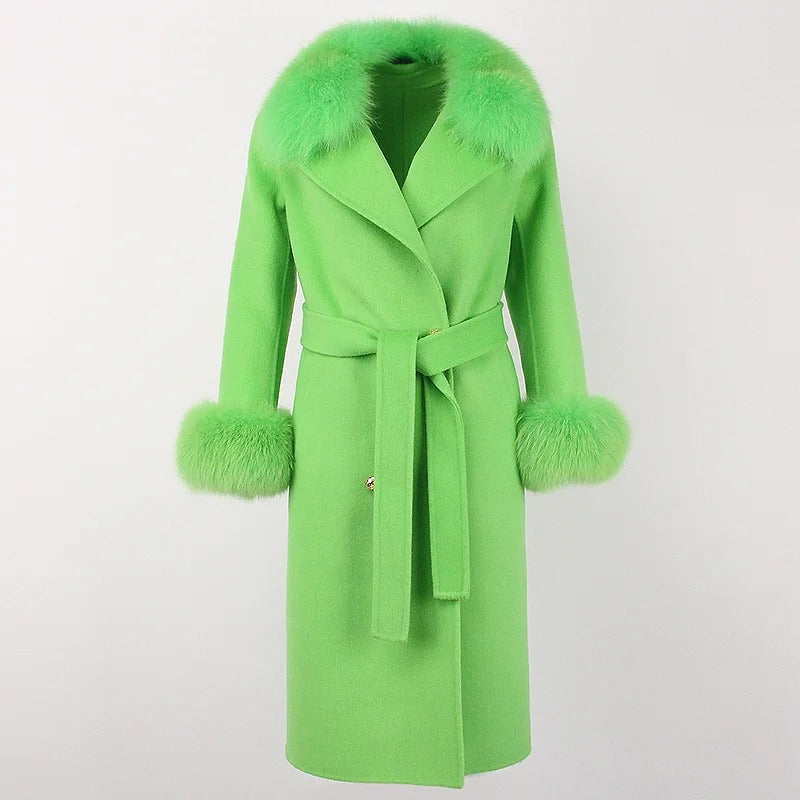 OFTBUY Winter Jacket Women Long Natural Wool Blends Cashmere Real Fur Coat Double Breasted Belt Warm Streetwear New Fashion