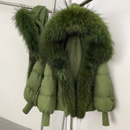OFTBUY Luxury Cropped Down Puffer with Colossal Real Fur Collar - Premium 90% Duck Down Winter Statement Coat