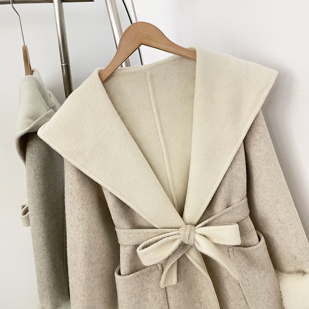 OFTBUY Belted Bow Pockets Winter Elegant Outerwear Jacket Female New Women's Wool Coat with Contrast Hood Real Fox Fur Cuffs