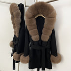 OFTBUY Real Fox Fur Wool Coat Hooded Natural Fur Collar and Cuffs New Autumn Winter Clothes Women Cashmere Woolen Jacket Lady