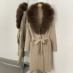 OFTBUY New Women's Knit Coat with Large Real Fox Fur Collar Belted Cardigan Female Winter Elegant Outerwear Warm Long Coat Lady