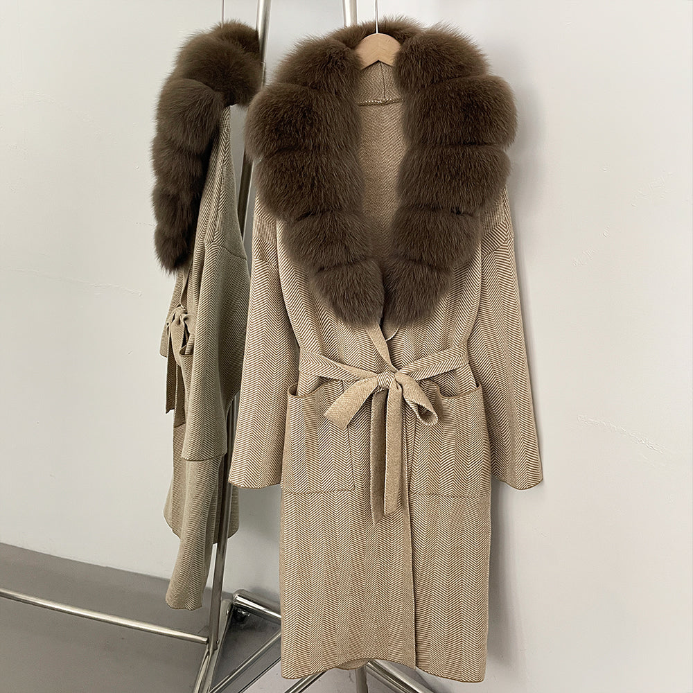 OFTBUY New Women's Knit Coat with Large Real Fox Fur Collar Belted Cardigan Female Winter Elegant Outerwear Warm Long Coat Lady