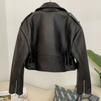 OFTBUY Women's Vintage Black Faux Leather Cropped Moto Jacket Asymmetric Zip PU Biker Coat Female New Autumn Punk Rock Outerwear