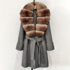 OFTBUY Natural Real Fox Fur Wool Blends Coat Women New Belt Pocket Winter Jacket Female Loose Woolen Outerwear Streetwear