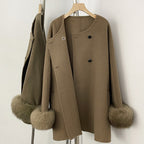 OFTBUY New Women's Double-Faced Wool Coat with Real Fox Fur Cuffs Round Neck Warm Winter Elegant Fashion Outerwear Woolen Coat
