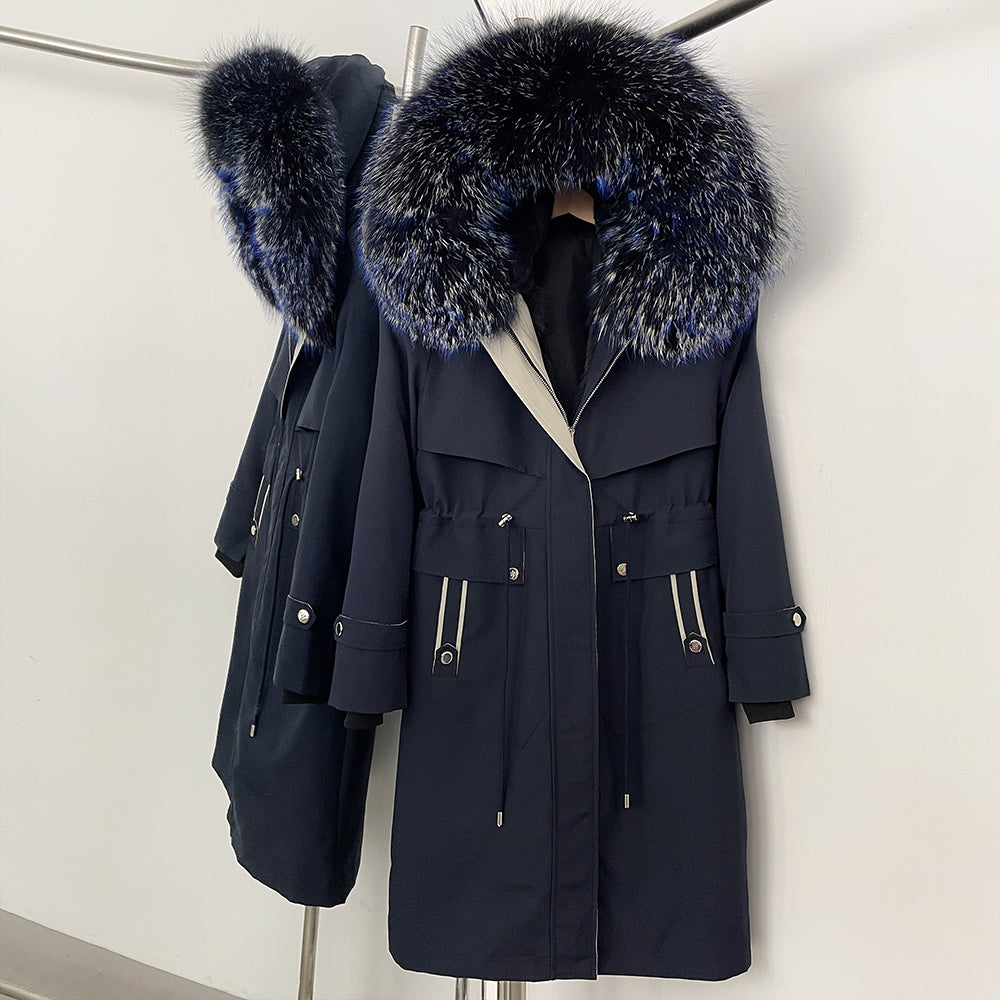 OFTBUY Long Hooded Real Fox Fur Collar Coat Women Waterproof Windproof Natural Rabbit Fur Inner Jacket New Thickened Warm Parker