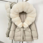 OFTBUY Thick Warm Mid-Long Puffer Coat Real Fox Fur Collar White Duck Down Coat Female Loose Warm Hooded Parkas With Belt