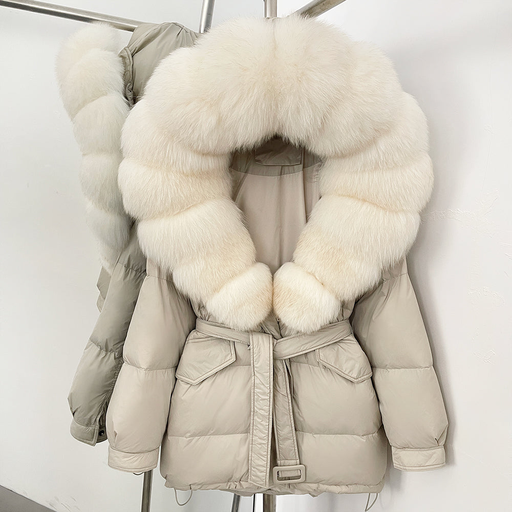 OFTBUY Thick Warm Mid-Long Puffer Coat Real Fox Fur Collar White Duck Down Coat Female Loose Warm Hooded Parkas With Belt