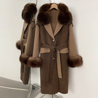 OFTBUT New Winter Clothing Women Natural Fox Fur Cashmere double-faced Woolen Jacket Long Single-breasted Belt Wool Coat Female