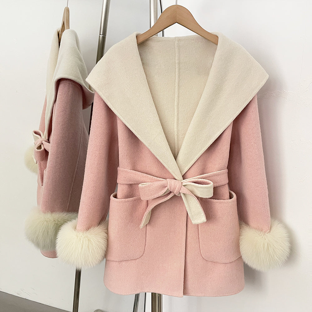 OFTBUY Belted Bow Pockets Winter Elegant Outerwear Jacket Female New Women's Wool Coat with Contrast Hood Real Fox Fur Cuffs