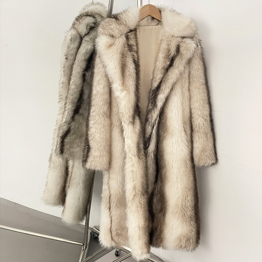 OFTBUY Luxury Long-Line Notch Lapel Faux Fur Coat - Elegant Winter Vegan Fur Overcoat